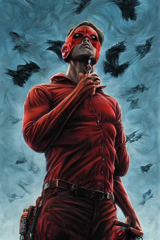 Image similar to red hood. art by tomasz alen kopera and glenn fabry in the style of true detective.
