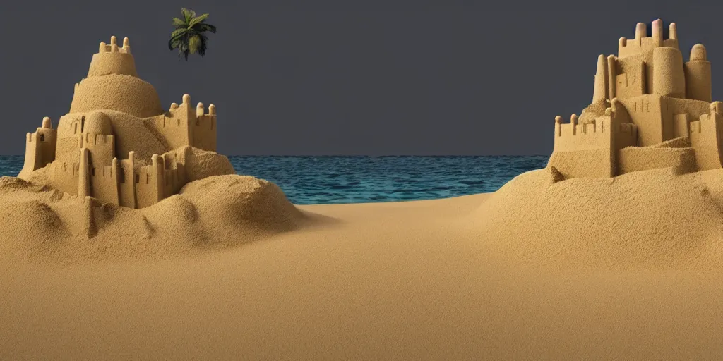 Image similar to Sand castle, octane render, unreal engine 5, extreme quality, extremely detailed sand, realistic, realistic lighting, realistic shadows, 8k