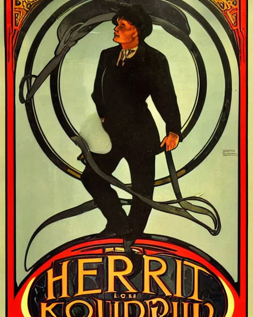 Image similar to of vintage poster of harry houdini by kerne erickson and alphonse mucha