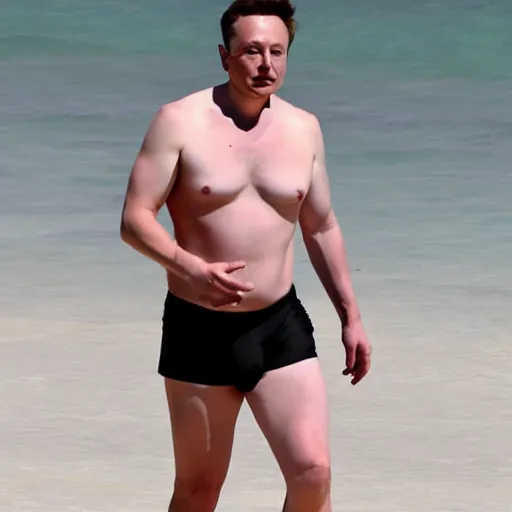 Prompt: elon musk in a speedo on the beach