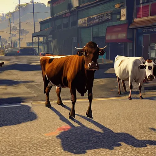 Image similar to a game screenshot of grand theft auto v, with cows in the street, standing up and holding guns.