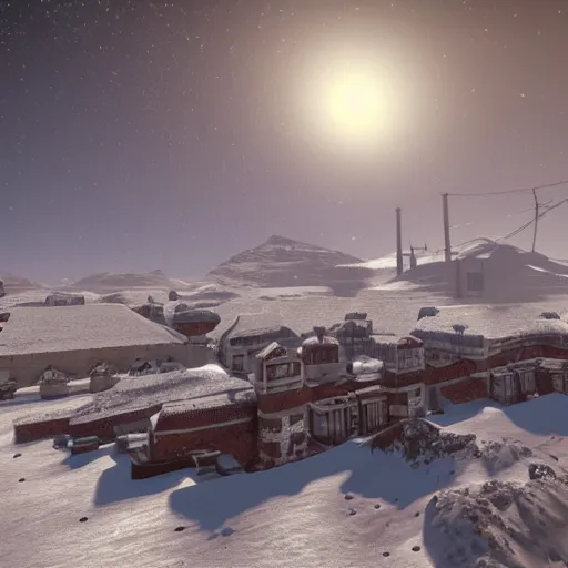 Image similar to a snowy village on mars, 8 k, highly detailed, unreal engine render