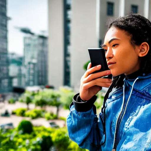 Image similar to candid photographic portrait of a poor techwear mixed young woman using a flip phone inside a dystopian city, closeup, beautiful garden terraces in the background, sigma 85mm f/1.4, 4k, depth of field, high resolution, 4k, 8k, hd, full color