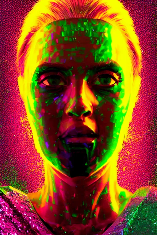 Prompt: portrait, headshot, digital painting, an delightfully mad techno - shaman lady, wink, synthwave, glittery reaction diffusion pattern, glitch, glassy fracture, realistic, hyperdetailed, dripping, 3 d render, chiaroscuro, concept art, art by syd mead