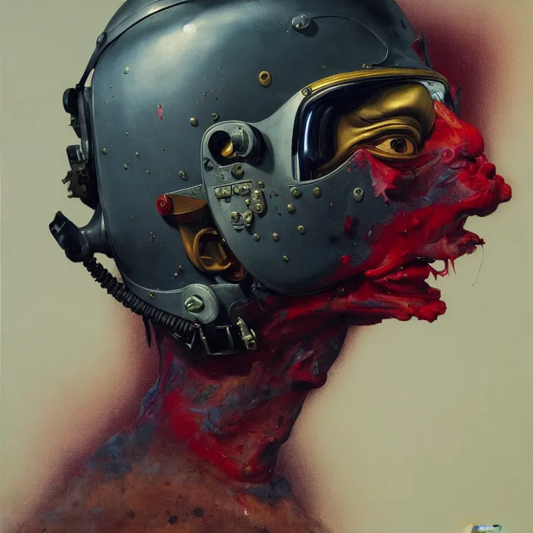 Image similar to hyperrealistic detailed higher angle portrait of a character in fighter pilot helmet, fighter jets, rich deep colors, ultra detail, by francis bacon, james ginn, petra courtright, jenny saville, gerhard richter, zdzisaw beksinski, takato yamamoto. masterpiece, elegant fashion studio ighting 3 5 mm