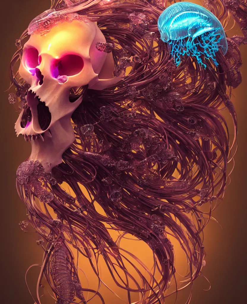 Image similar to goddess close-up portrait animal skull. jellyfish phoenix head, nautilus, orchid, skull, betta fish, bioluminiscent creatures, intricate artwork by Tooth Wu and wlop and beeple. octane render, trending on artstation, greg rutkowski very coherent symmetrical artwork. cinematic, hyper realism, high detail, octane render, 8k