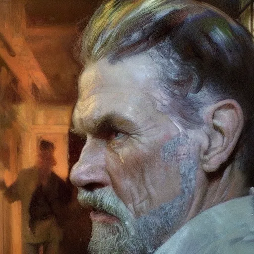 Image similar to hyperrealist portrait of a thin mean old man with a lab coat standing in front of a computer simulation by jeremy mann and alphonse mucha, fantasy art, photo realistic, dynamic lighting, artstation, poster, volumetric lighting, very detailed faces, award winning