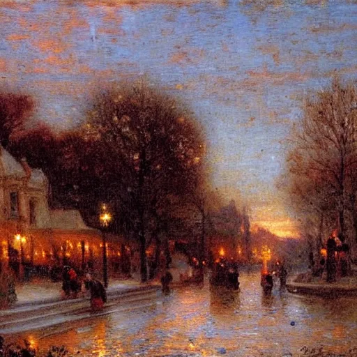 Image similar to a small town at twilight, very high detail, painted by gaston bussiere