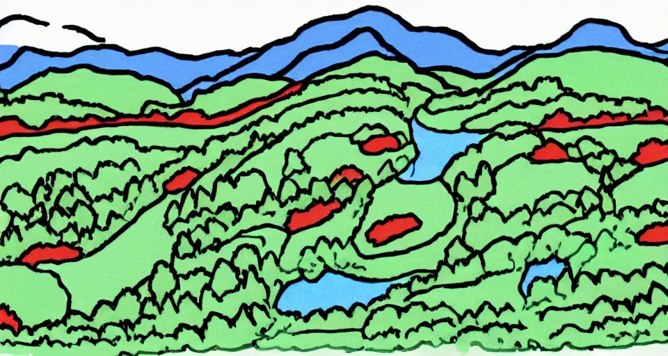 Image similar to Poorly drawn mspaint art piece of rolling hills. Terrible awful ugly unskilled amateurish boring lazy uncoordinated sloppy.