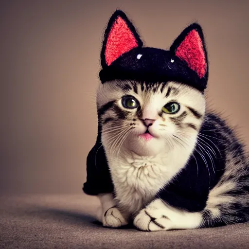 Image similar to kitten photo, wearing wool hat, tongue mlem, cat ears