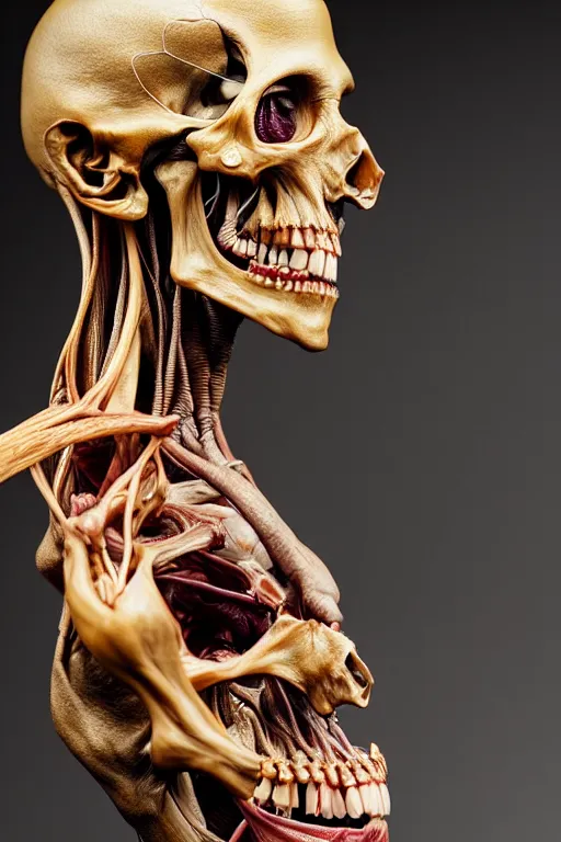 Image similar to photo taken of an epic intricate, ultra detailed, super realistic sculpture of a anatomical death sculpture on display, created by weta workshop, photorealistic, sharp focus, f 0. 4, face centred, golden ratio