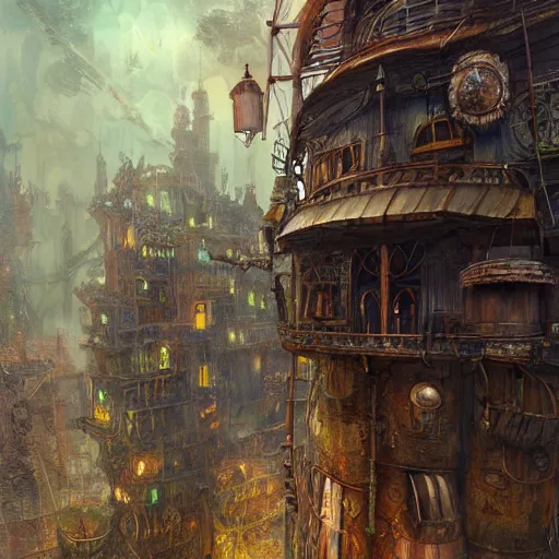 Image similar to Ultra-realistic illustration, high fantasy steampunk house built of junk, several floors hanging over each other, disorganized architecture, inherent details, impressionism sketch, complex, elegant, highly detailed, digital painting, artstation, concept art, smooth, clear focus, illustration, artgerman art,