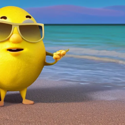 Prompt: a 3 d pixar lemon character wearing sunglasses at the beach