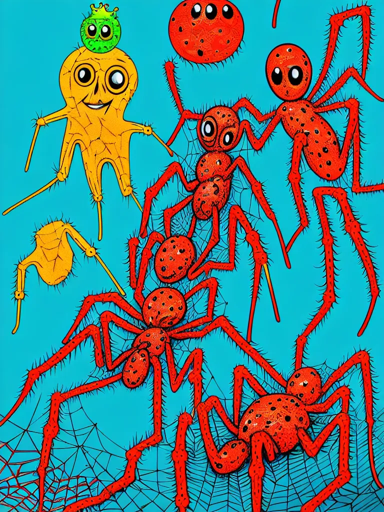 Prompt: Vibrant Colored Lowbrow Pop Surrealism Style Petrified Bodies covered in cobwebs. Overseen by The Arachnid King Creature.