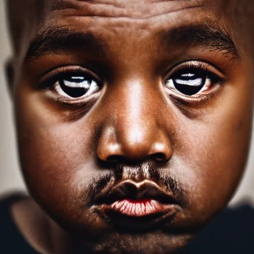 Image similar to the face of kanye west at 1 0 years old, portrait by julia cameron, chiaroscuro lighting, shallow depth of field, 8 0 mm, f 1. 8