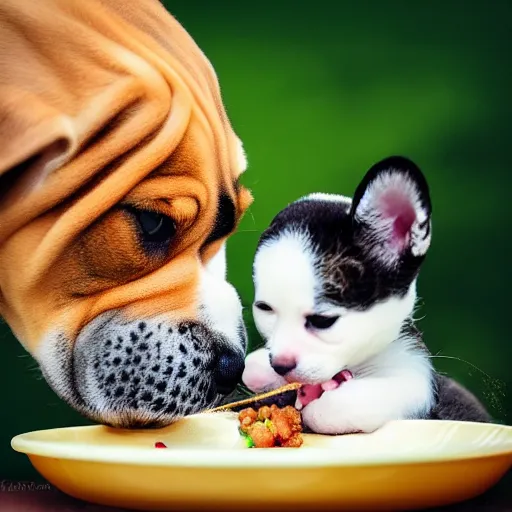 Prompt: photography of a puppie sharing his meal with a small baby cat, animal photography, award winning photography by Leonardo Espina