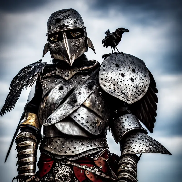 Image similar to photo of a warrior with metal crow themed armour, highly detailed, 4 k, hdr, smooth, sharp focus, high resolution, award - winning photo