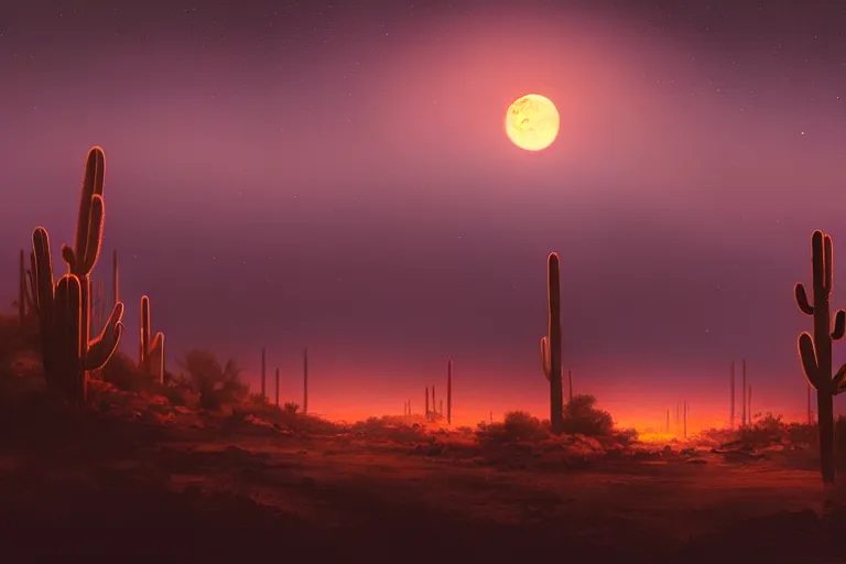Image similar to The arizona desert at night, a single camp fire in the far, big red moon in the sky. Scenic view at night, underexposed, clean horizon, matte painting by Craig mullins and Anato_Finnstark, concept art trending on artstation, 4k, insane details