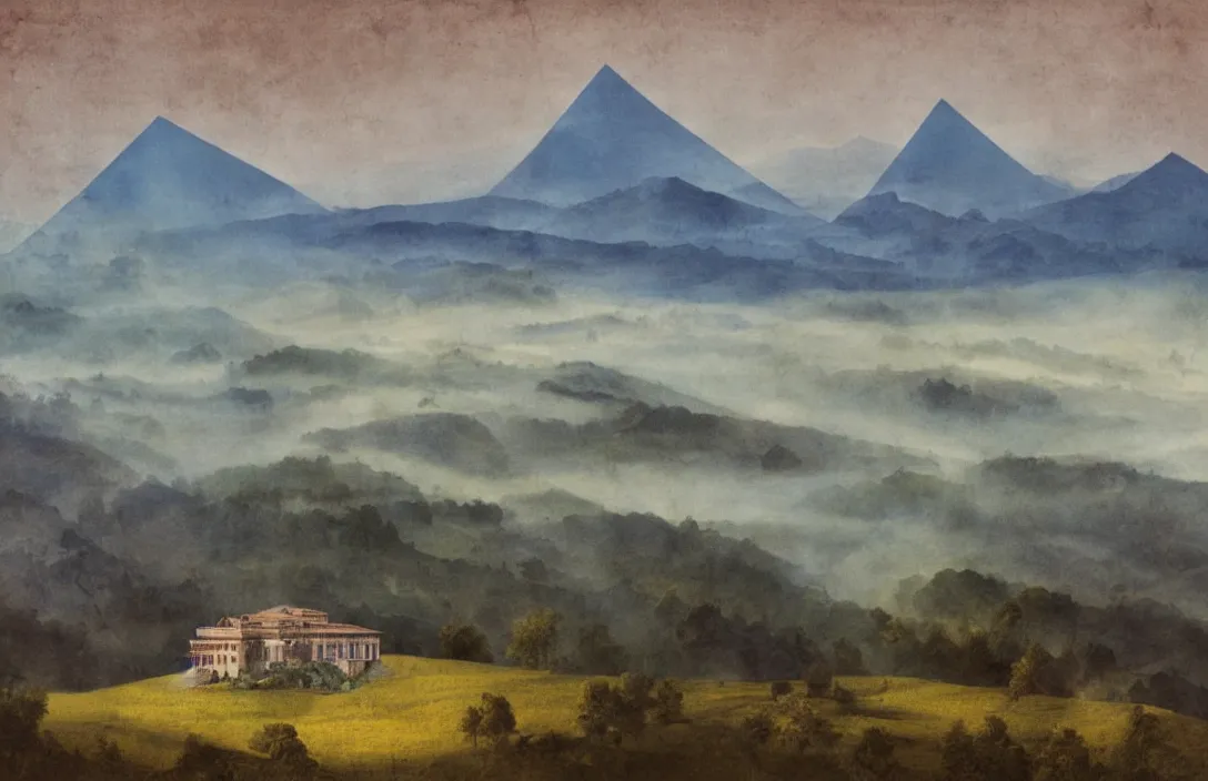 Prompt: umbrian hills dissolving into mist under a limpid blue sky building by frank lloyd wright most glorious colours ever put on canvas intact flawless ambrotype from 4 k criterion collection remastered cinematography gory horror film, ominous lighting, evil theme wow photo realistic postprocessing the pyramid of figures is drawn together royal garden design by andre le notre jan van der heyden