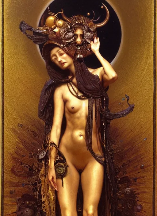Prompt: hyper realistic painting of the black hole head, gold ornaments, flowing fabric, intrincate detail, detailed faces by wayne barlowe, gustav moreau, goward, gaston bussiere and roberto ferri, santiago caruso, and austin osman spare, ( ( ( ( occult art ) ) ) ) bouguereau, alphonse mucha, saturno butto