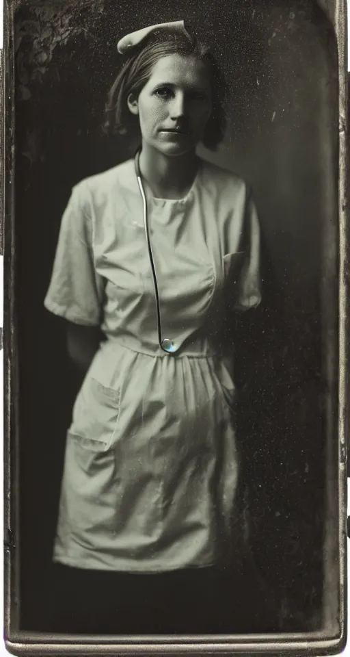 Prompt: a wet plate photograph, a portrait of a beautiful young female nurse