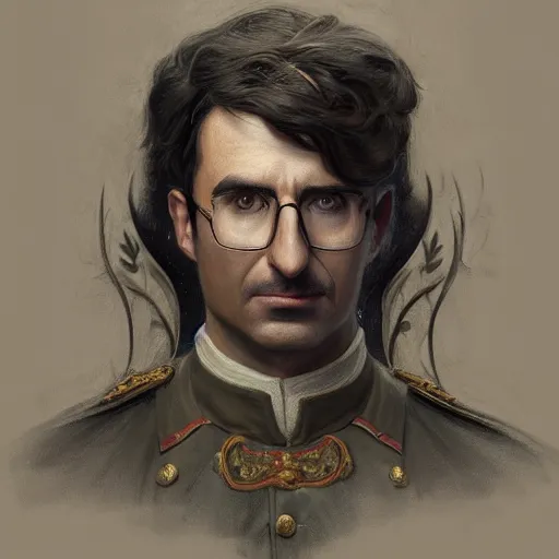 Image similar to portrait of stoic looking john oliver, military uniform, fantasy, intricate, elegant, highly detailed, centered, dark, smokey, charcoal painting, digital painting, artstation, concept art, smooth, sharp focus, illustration, art by artgerm and greg rutkowski and alphonse mucha