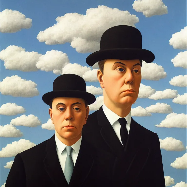 Prompt: portrait of a death, clouds in the background, by rene magritte, detailed painting, distance, middle centered, hd, hq, high resolution, high detail, 4 k, 8 k