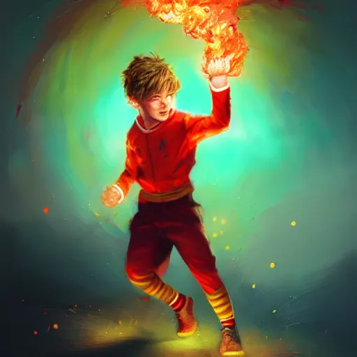 Image similar to colorful and festive captivating young child boy, brown fluffy hair, wearing red and yellow hero suit, shooting a fire ball out of his fist. full body, rich vivid colors, ambient lighting, dynamic lighting, 4 k, atmospheric lighting, painted, intricate, highly detailed by charlie bowater