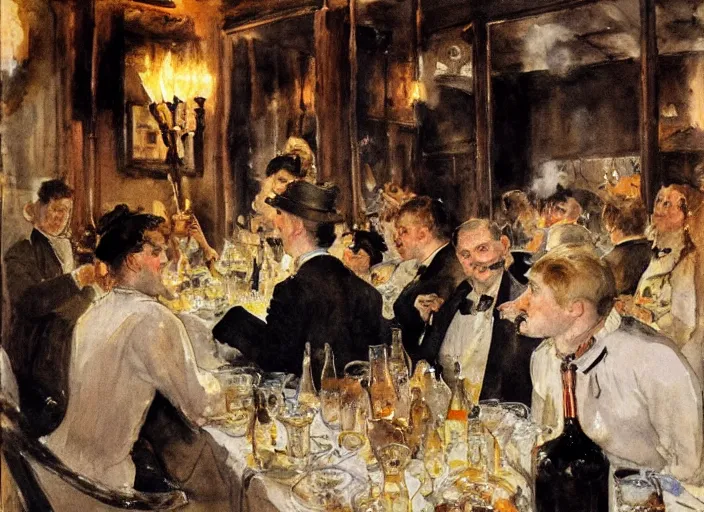 Image similar to gentlemens dinner, singing, roaring twenties, cellar, masterpiece, torches on wall, meat, wine, schnapps, smoking cigars, scantily clad blondes, watercolor by anders zorn and carl larsson, art nouveau