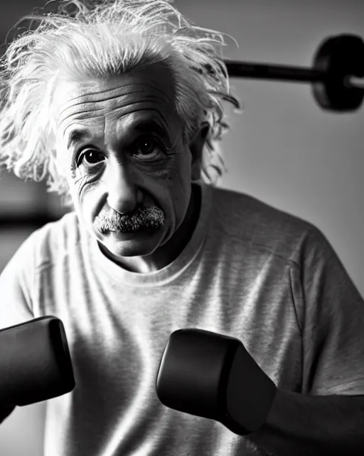 Image similar to a portrait of albert einstein working at the gym doing planks, highly detailed, trending on artstation, bokeh, 9 0 mm, f / 1. 4