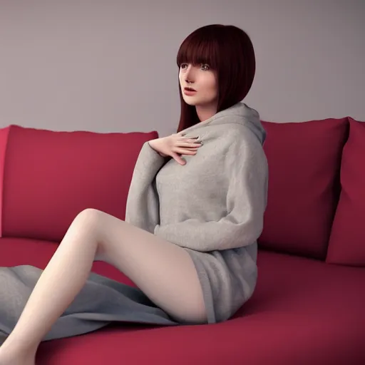 Image similar to 3 d render of a cute thin young woman, red blush, wearing casual clothes, small smile, relaxing on a couch, cuddling up under a blanket, cozy living room, medium shot, 8 k, octane render, trending on artstation, art by artgerm, unreal engine 5, hyperrealism, hyperdetailed, ultra realistic