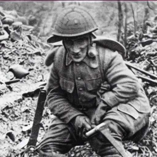 Prompt: Still image of Jerma985 in the trenches of world war one, old black and white war photograph, film grain