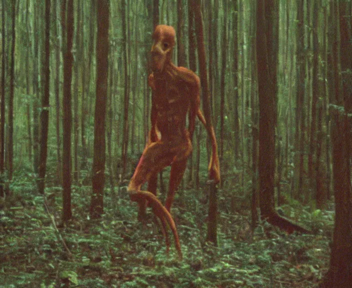 Image similar to a still frame from vhs footage of a creature in a forest, grainy, creature in view, scary, color