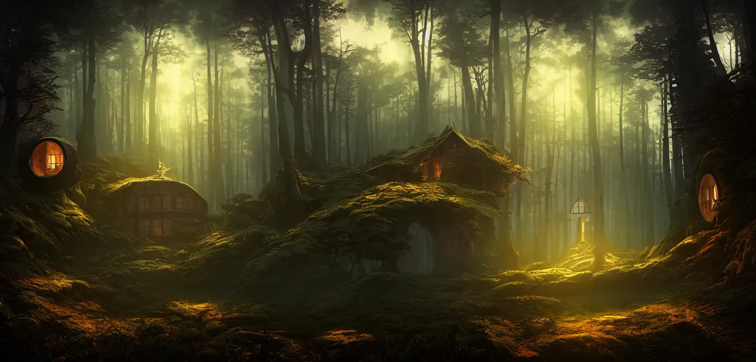 Image similar to random scary forest house landscape, round glowing portal, incredible, vector art, octane render, fabulous, hyper detailed, random cinematic view, no noise, global illumination, warm lighting, volumetric, godrays, vivid, beautiful, by jordan grimmer