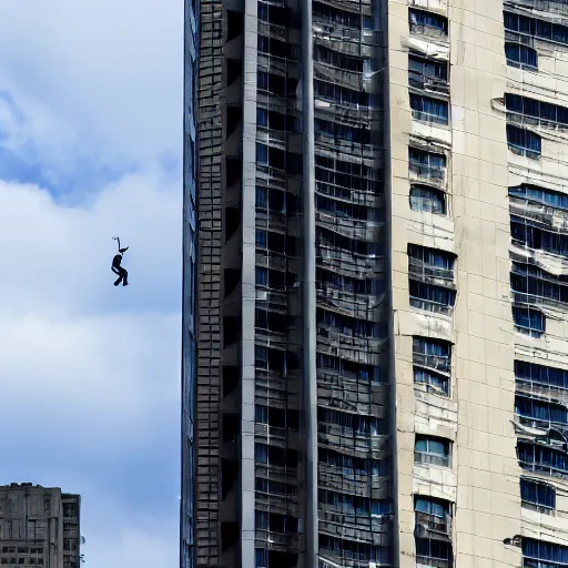 Image similar to Jon Favreau as clean-shaven Happy Hogan wearing a black suit and black necktie and black dress shoes is climbing up the side of a tall building in an urban city. The sky is filled with dark clouds and the mood is ominous.