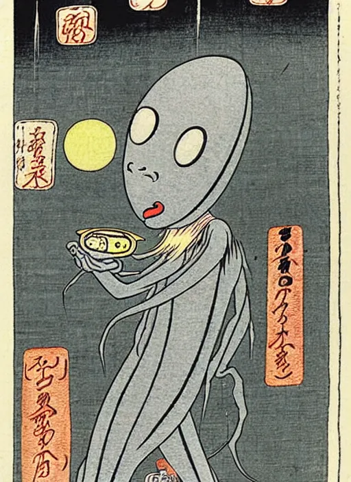 Prompt: a grey alien as a yokai illustrated by kawanabe kyosai and toriyama sekien