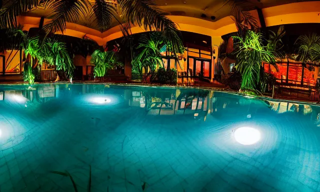 Image similar to indoor pool with ferns and palm trees at night, shops, pool tubes, chromatic abberation, dramatic lighting, dim lighting, horror lighting, depth of field, 80s photo, wideangle, fisheye