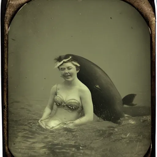 Image similar to underwater tintype photo of whale eating a mermaid