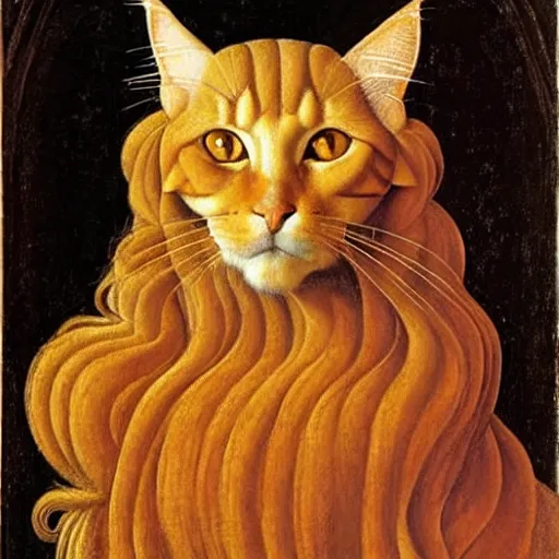 Image similar to beautiful renaissance painting portrait of ginger maine coon by sandro botticelli, jan van eyck, tiziano vecelli, piero della francesca