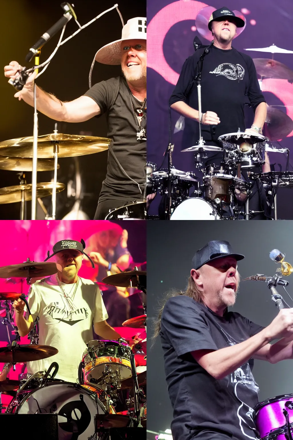 Prompt: Lars Ulrich wearing a propeller hat on stage, 4k, high quality, live concert photography