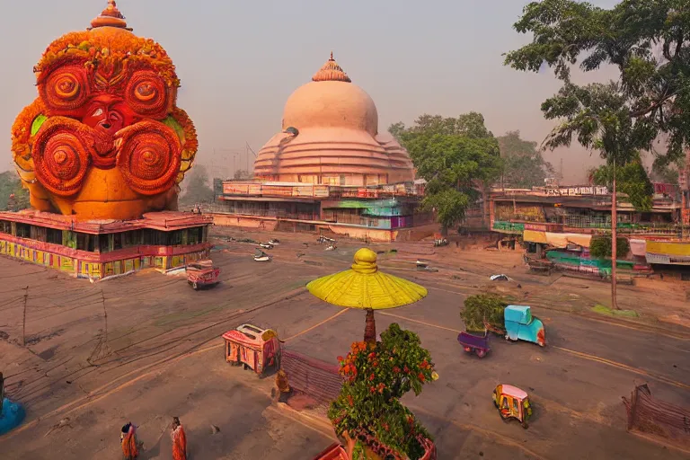 Prompt: beautiful dreamy! biomorphic new delhi, hanuman!! head building, kalighat flowers, octane sharp cinematic, stephen shore & john j. park, soft morning light, wide shot, aerial photo, uhd 8 k, shallow depth of field