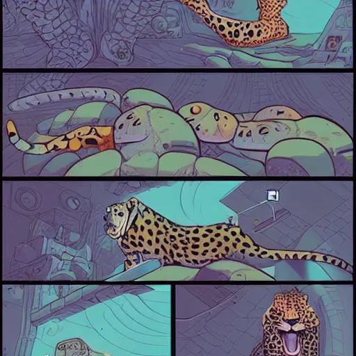 Image similar to the story of the leopard and the tortoise in the style of josan gonzalez