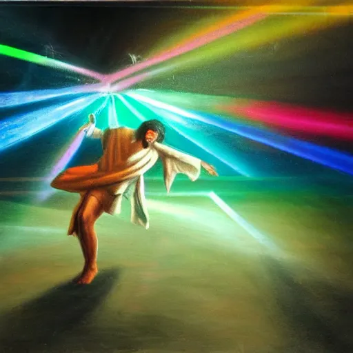 Image similar to oil painting of Jesus dancing drunk at a club, RGB floor, lasers, motion blur, very detailed oil on canevas, renaissance