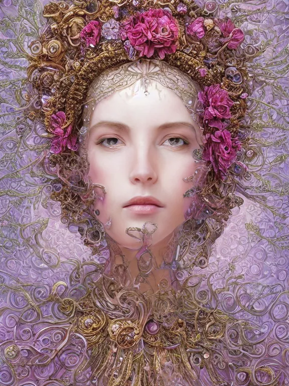 Prompt: a beautiful portrait render of baroque young lady who has perfect human face and dramatic headdress with intricate fractals of flowers and star made of crystals, by Billelis and aaron horkey and peter gric and Nekro and Virginie Ropars,ZBrush,hyperreal,pearlescent,jewelry,gold,pink,maximalist