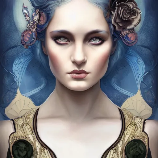 Image similar to an art nouveau, ( dieselpunk ), multi - racial portrait in the style of anna dittmann and charlie bowater and chanthara. very large, clear, expressive, and intelligent eyes. centered, ultrasharp focus, dramatic lighting, photorealistic digital matte painting, intricate symmetrical ultra detailed background.