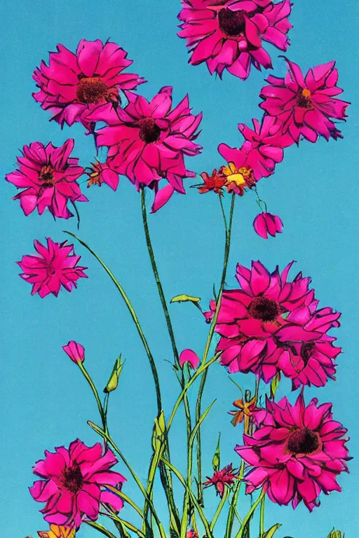 Image similar to an explosion of flowers against a bright blue sky, 80s sci-fi book art