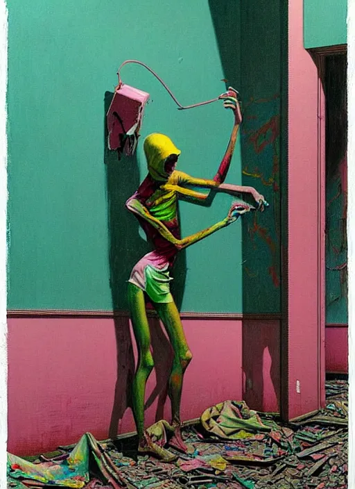 Prompt: a skinny, starving artist painting the walls inside a deserted chernobyl by james jean, greg hildebrandt, in the style of francis bacon and edward hopper and beksinski, dark surrealism, in pink, green and blue colour palette, science fiction, highly detailed