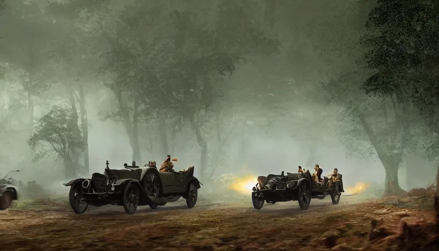 Image similar to british army driving a car in 1921 in kerala forest road, tribe members attacking, action scene, an epic fantasy, dramatic lighting, cinematic, establishing shot, extremely high detail, photorealistic, cinematic lighting, artstation, by christopher nolan, horizon forbidden west