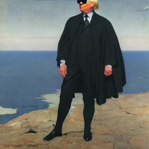 Prompt: rippling physique starving donald trump wearing a black leather cape sunglasses whilst standing atop a skyscraper jamie wyeth greg rutkowski winslow homer thomas eakins jean helion oil painting