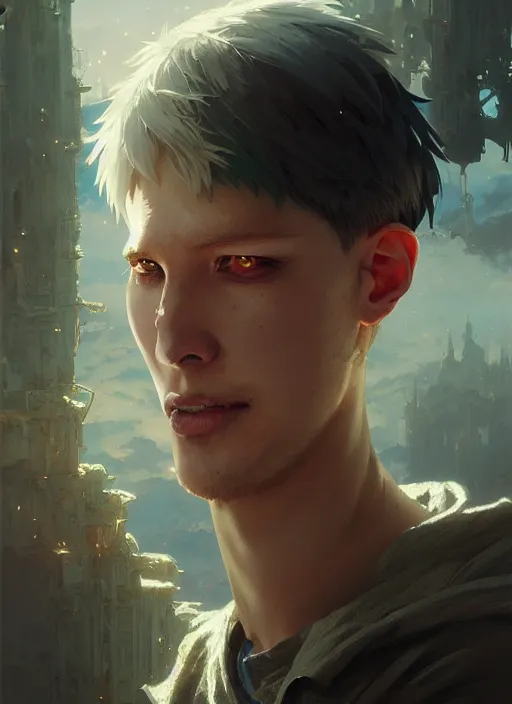 Image similar to Highly detailed portrait of Ken Kaneki, Stephen Bliss, unreal engine, fantasy art by Greg Rutkowski, Loish, Rhads, ferdinand knab, Makoto Shinkai and Lois van baarle, ilya kuvshinov, rossdraws, Tom Bagshaw, alphonse mucha, global illumination, radiant light, detailed and intricate environment